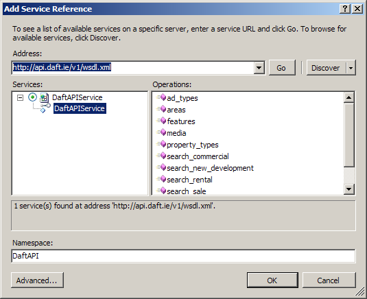 Adding a web reference named "DaftAPI"
